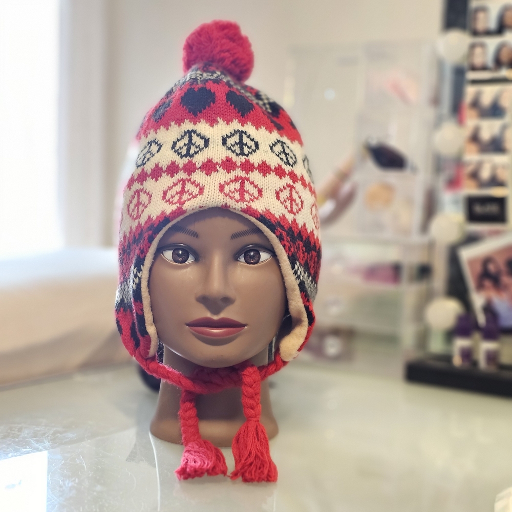 Peruvian-Style Design Unisex Knit Earflap Fleece Lined Winter Hat with Pom Pom